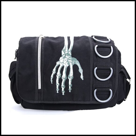 Gothic Canvas Backpack Y2K Grunge Messenger Bag Skull Print Hooded Shoulder main image 4